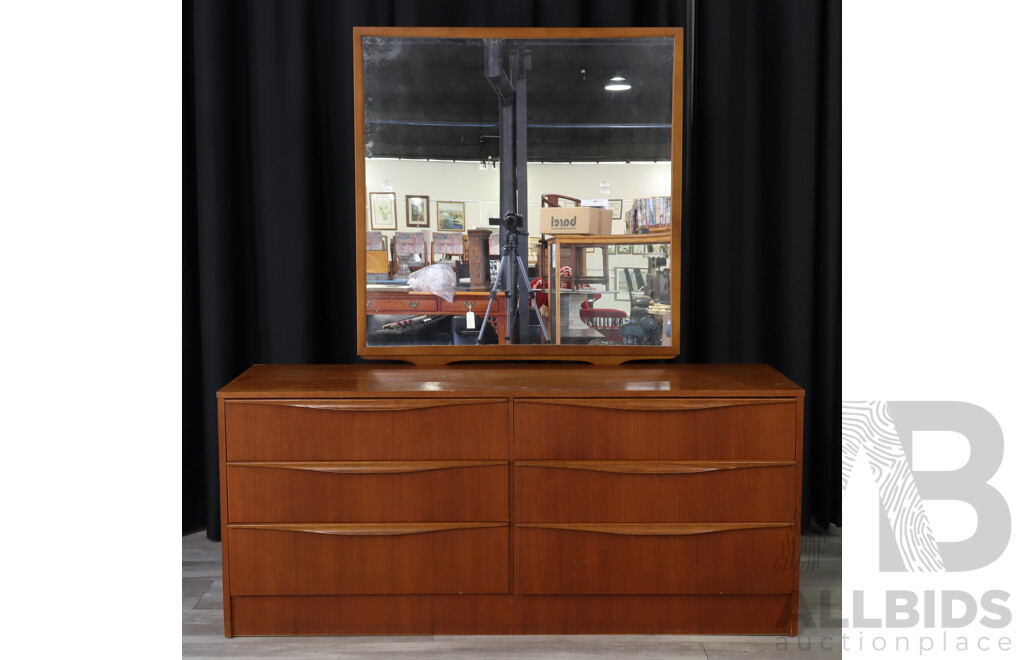 Teak Six Drawer Mirrored Back Dresser