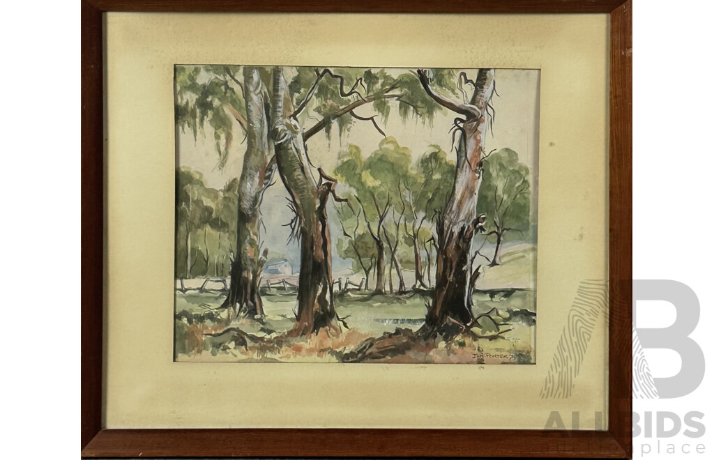 J.A Porter (20th Century, Working C1970s), Gum Trees, Watercolour and Pencil, 35 x 42 cm (image)