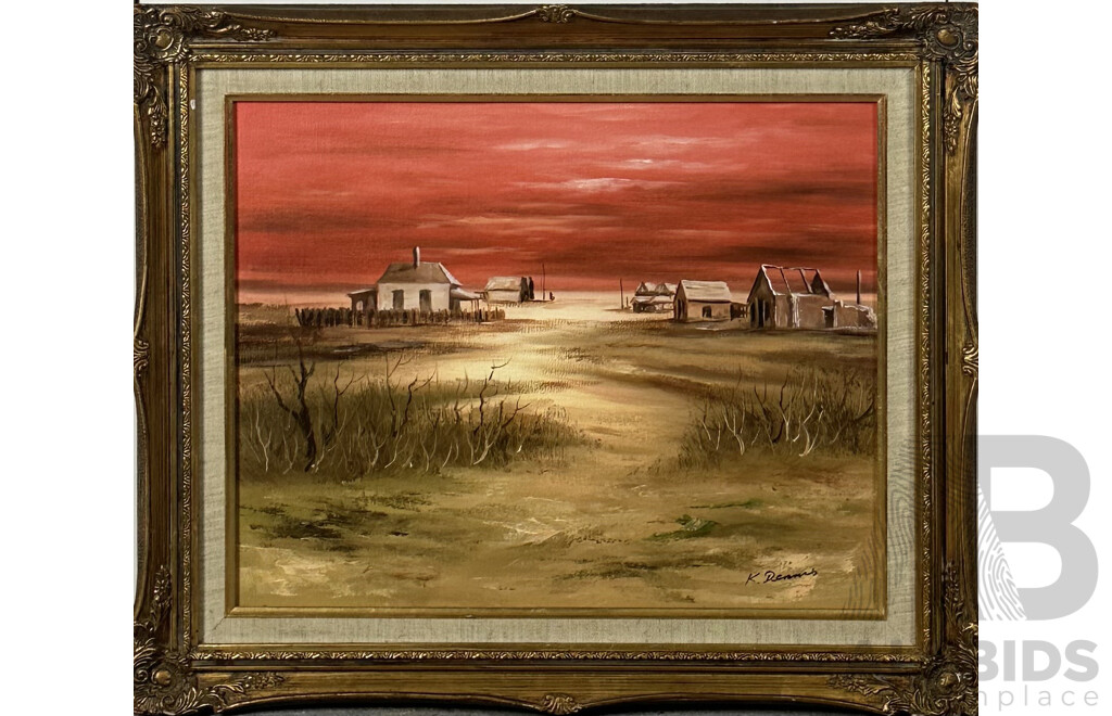 K. Dennis, (20th Century), Bush Cottages at Sunset, Oil on Masonite, 40 x 50 cm (image)