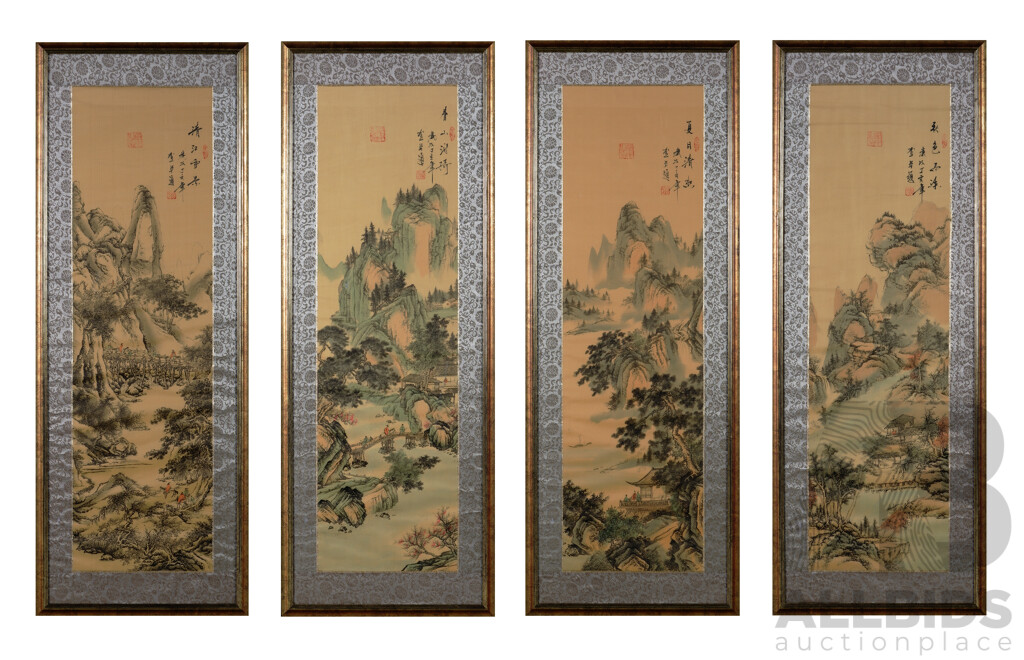 Set of Four Beautiful Vintage Chinese Framed Scrolls, Villagers in the Mountains, Ink on Silk, 115 x 45 cm (frames) (4)