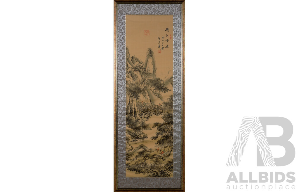 Set of Four Beautiful Vintage Chinese Framed Scrolls, Villagers in the Mountains, Ink on Silk, 115 x 45 cm (frames) (4)