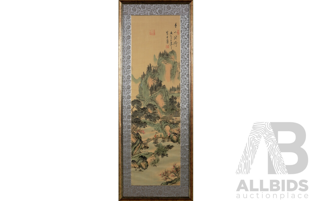 Set of Four Beautiful Vintage Chinese Framed Scrolls, Villagers in the Mountains, Ink on Silk, 115 x 45 cm (frames) (4)