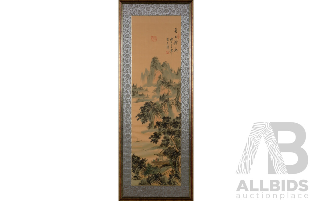 Set of Four Beautiful Vintage Chinese Framed Scrolls, Villagers in the Mountains, Ink on Silk, 115 x 45 cm (frames) (4)