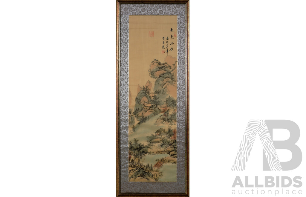 Set of Four Beautiful Vintage Chinese Framed Scrolls, Villagers in the Mountains, Ink on Silk, 115 x 45 cm (frames) (4)