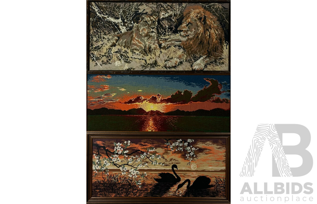 Lovely Trio of Vintage Retro Framed Wall Wool Tapestries, (^c1970s), Sunset, Lioness & Lion and Swans with Blossoms, 60 x 125 cm (largest frame) (3)