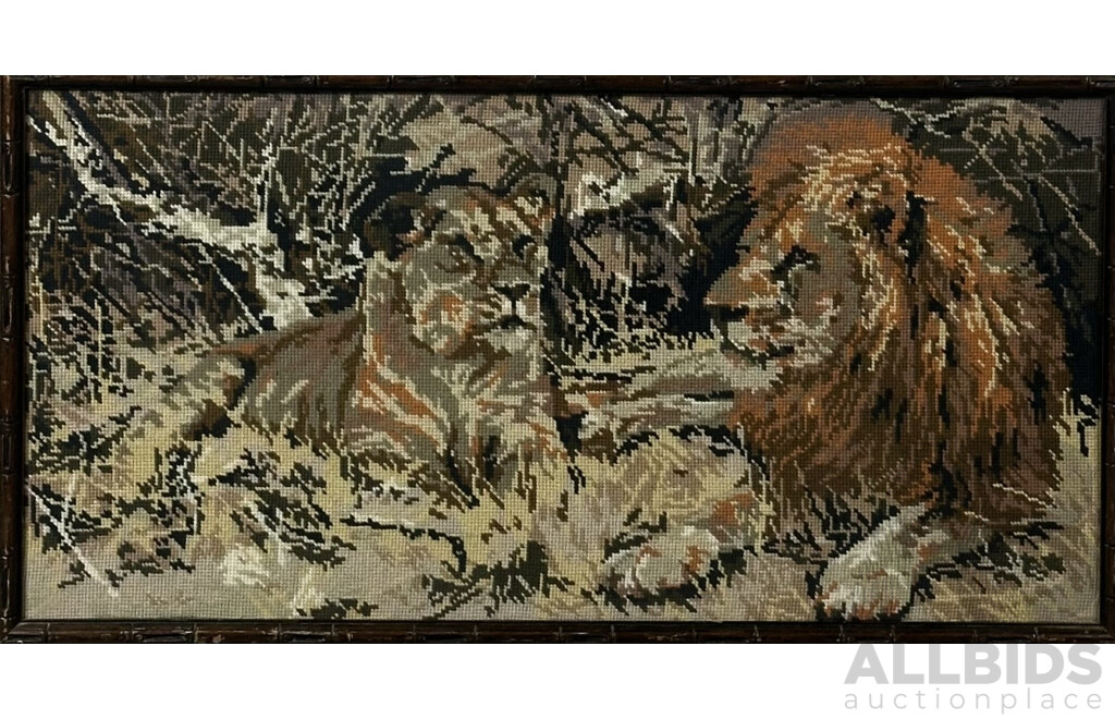 Lovely Trio of Vintage Retro Framed Wall Wool Tapestries, (^c1970s), Sunset, Lioness & Lion and Swans with Blossoms, 60 x 125 cm (largest frame) (3)