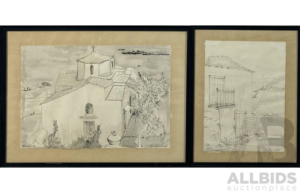 Bron (Working c1970s), Pair of Skopelos Landscapes, Ink and Wash, 45 x 35 cm (2)