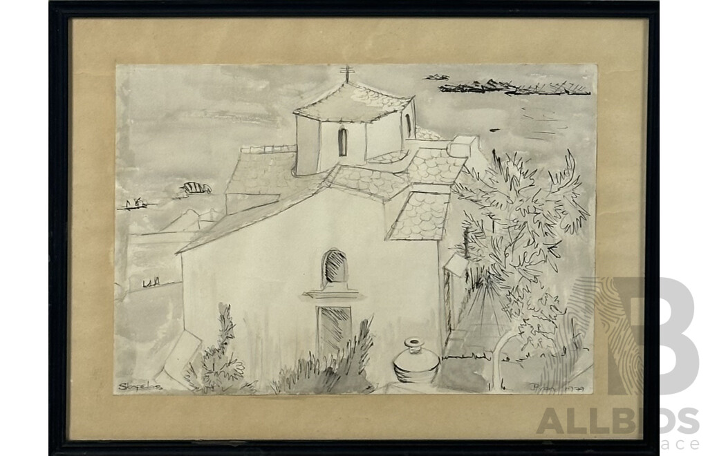 Bron (Working c1970s), Pair of Skopelos Landscapes, Ink and Wash, 45 x 35 cm (2)