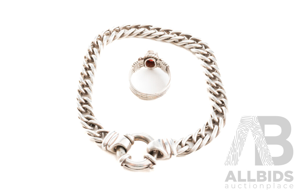 Vintage Sterling Silver Cuban Link Bracelet & Sterling Silver Garnet Ring, 25.70 Grams