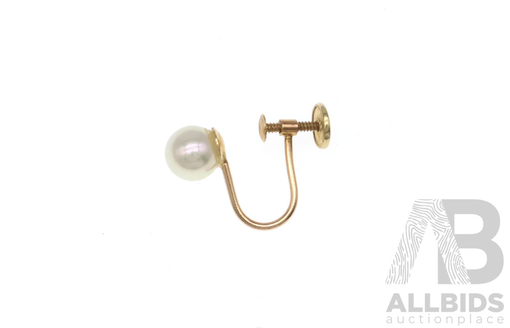 14ct Single Akoya Pearl Screw Back Clip on Earring, 0.84 Grams