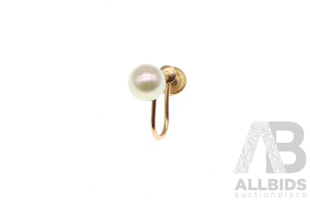 14ct Single Akoya Pearl Screw Back Clip on Earring, 0.84 Grams