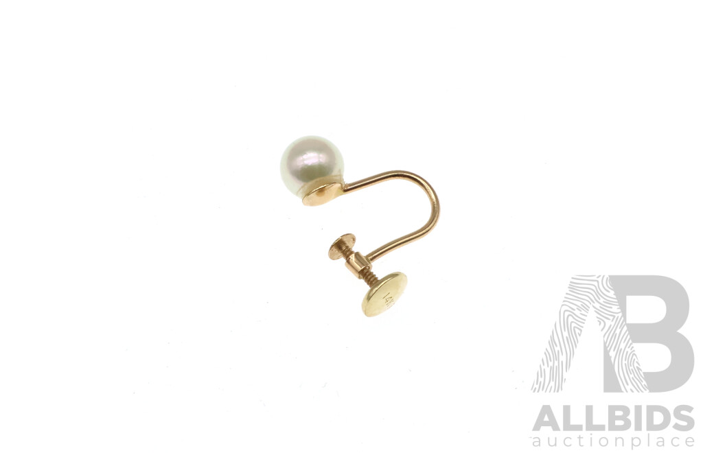 14ct Single Akoya Pearl Screw Back Clip on Earring, 0.84 Grams