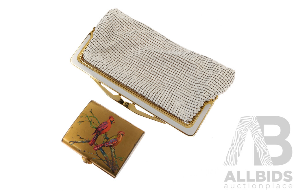 Vintage Glomesh Style Clutch Purse & Vintage Gold Tone Makeup Compact with Bird Motif