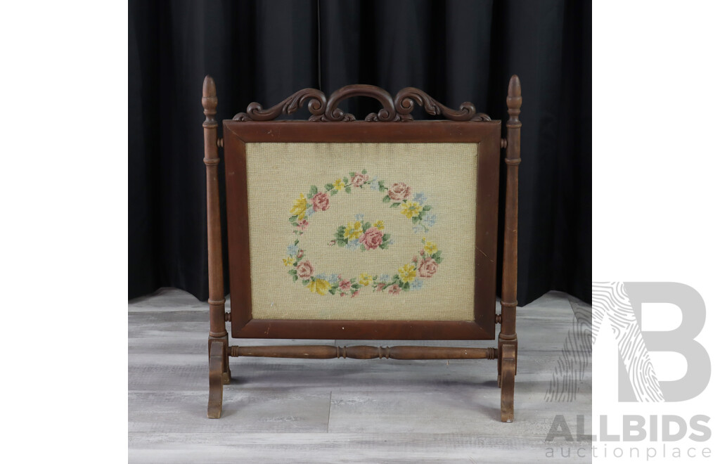 Antique Wooden Fire Screen with Tapestry