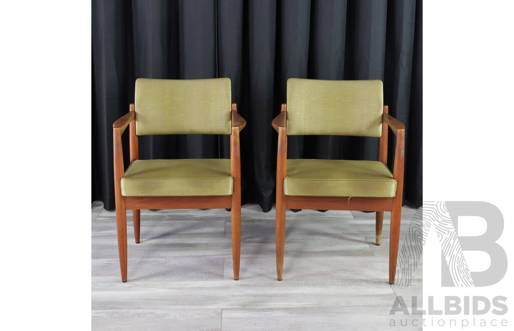 Pair of Retro Teak Green Vinyl Dining Chairs