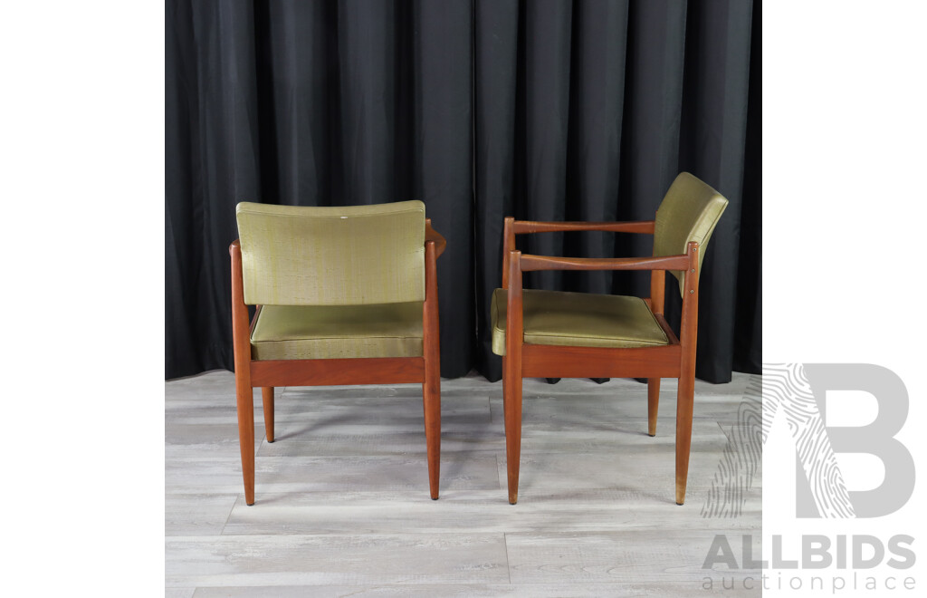 Pair of Retro Teak Green Vinyl Dining Chairs