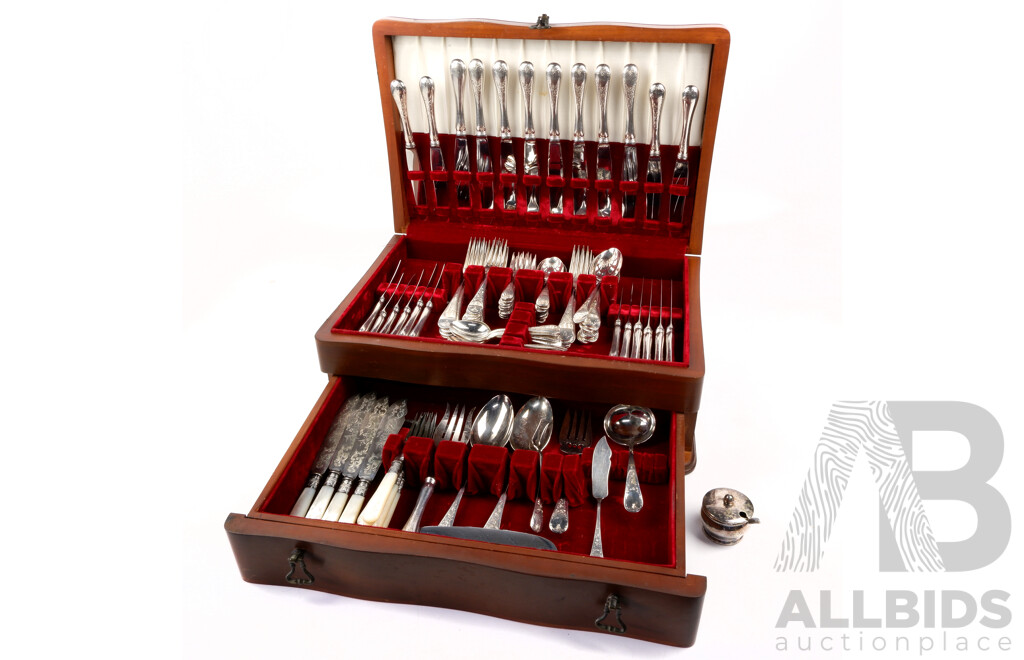 Vintage Kirks Silver Plate 90 Piece Flatware Set in Wooden Single Drawer Canteen with Lift Up Lid