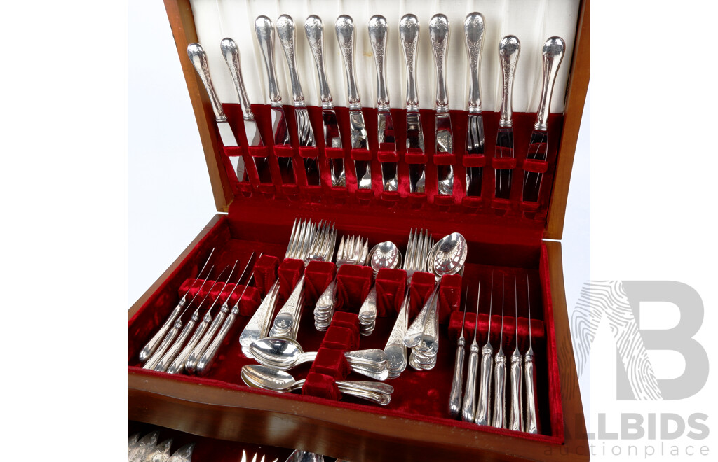 Vintage Kirks Silver Plate 90 Piece Flatware Set in Wooden Single Drawer Canteen with Lift Up Lid