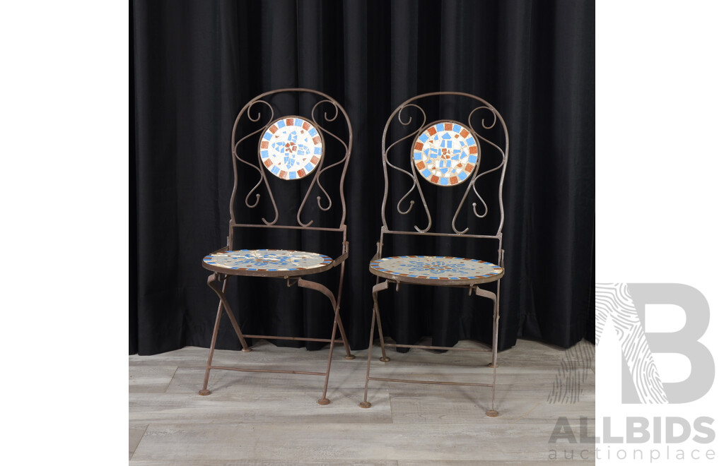 Pair of Wrought Iron Garden Chairs with Mosaic Back and Seat