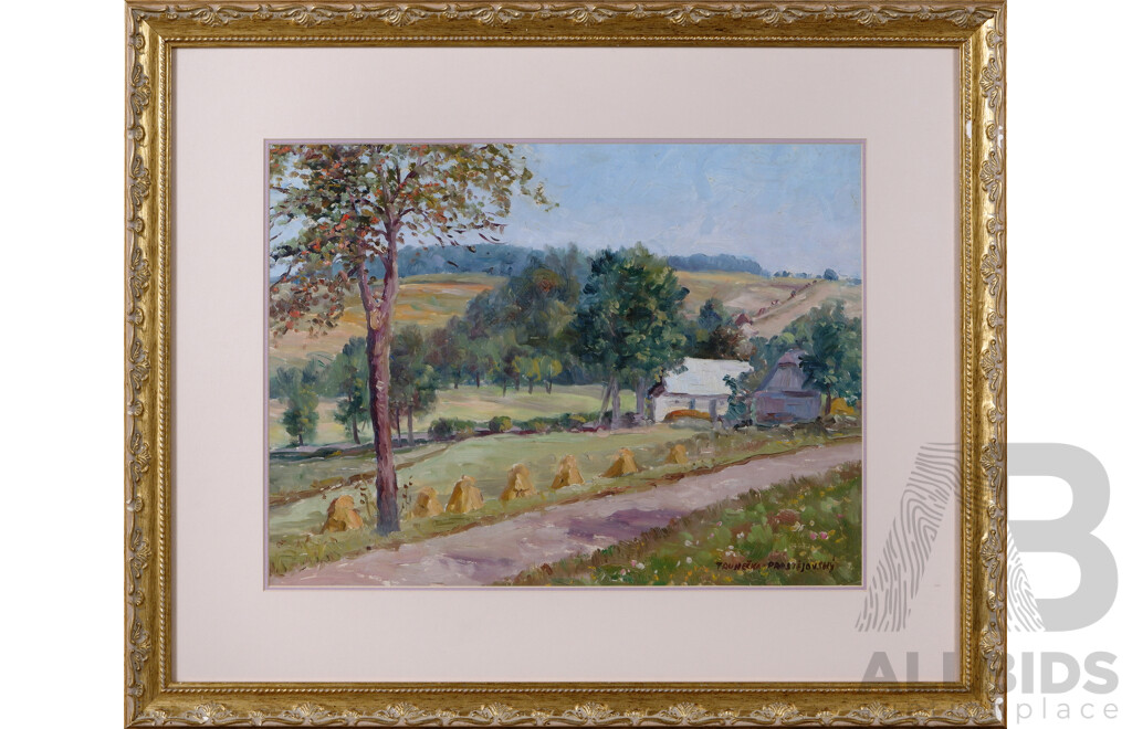 Evžen Trunecka-Prostejovský (Early to Mid-Twentieth Century, Czechoslovakia,1907-1971), Country Road with Hay Mounds, Oil on Board, 56 X 67.5 cm (frame)