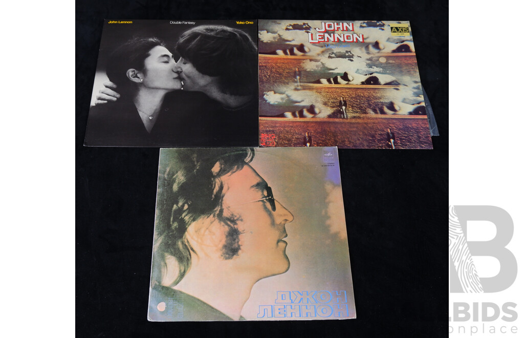 Three John Lennon Vinyl LP Records Comprising Mind Games, Double Fantasy & Russian 1977 Release of Imagine