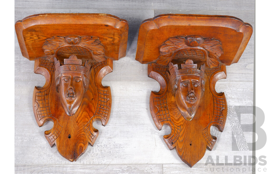 Pair of Heavily Carved Oak Figural Corbels