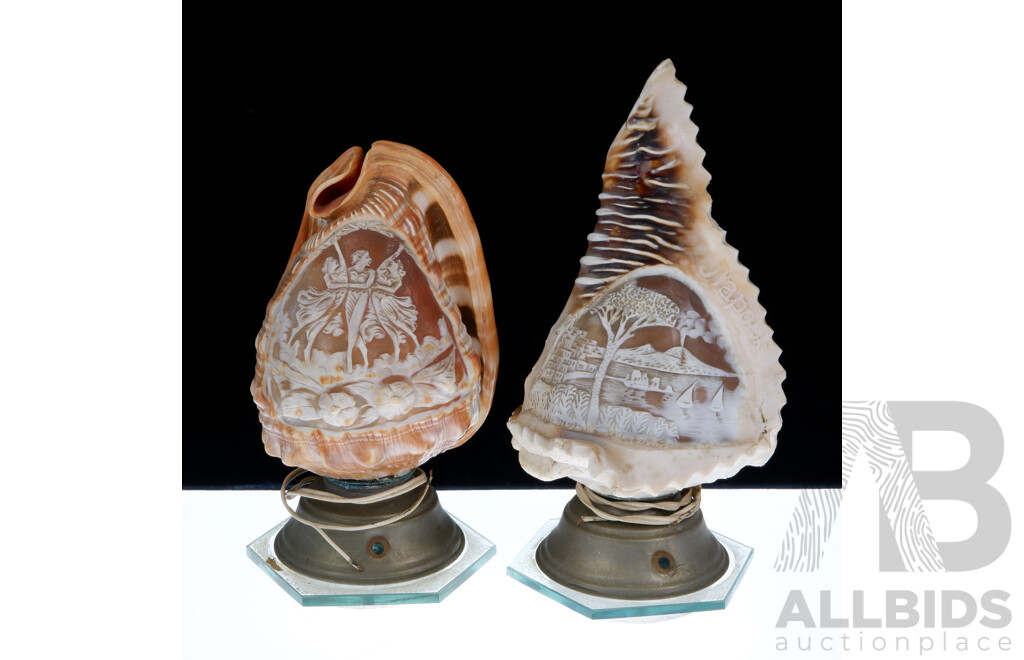 Two Carved Vintage Italian Queen Helmet Shell Lamps