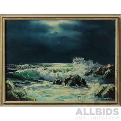 Artist Unknown, Stormy Seas, Vintage Oil on Canvas Board, 49.5 X 65 Cm (frame)