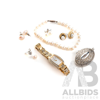 Pulsar Ladies Dress Watch, 925 FW Cultured Pearl Bracelet, FW Pearl Stud Earrings & Silver Tone Locket