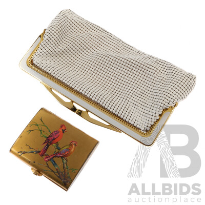 Vintage Glomesh Style Clutch Purse & Vintage Gold Tone Makeup Compact with Bird Motif