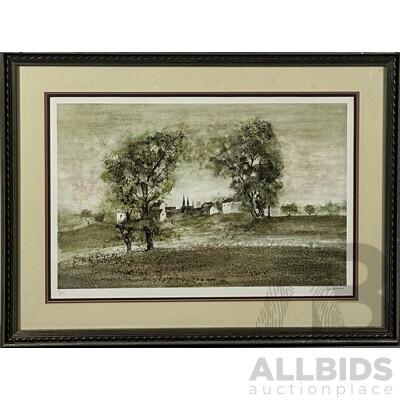 Rivera, (Date Unknown), Landscape - Village Flanked by Large Trees, Lithograph, 65 x 88 cm (frame)