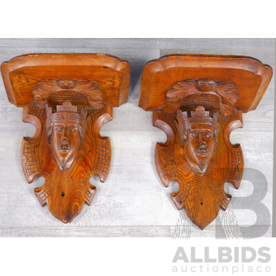 Pair of Heavily Carved Oak Figural Corbels