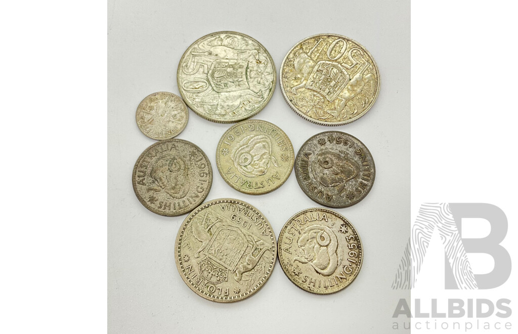 Australian Silver Coins Including Two 1966 Round Fifty Cents, 1959 Florin, Shillings 1953,1954, 1961(2) Threepence 1963