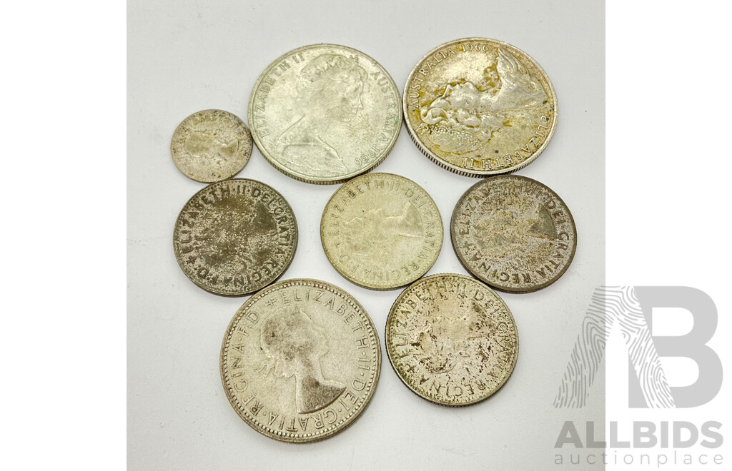 Australian Silver Coins Including Two 1966 Round Fifty Cents, 1959 Florin, Shillings 1953,1954, 1961(2) Threepence 1963