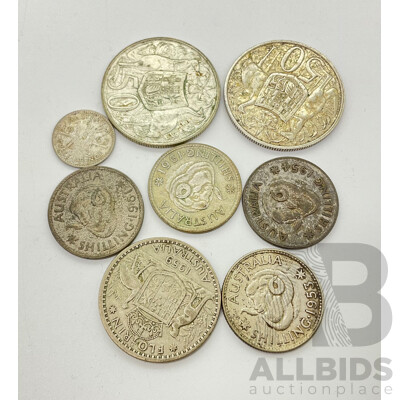 Australian Silver Coins Including Two 1966 Round Fifty Cents, 1959 Florin, Shillings 1953,1954, 1961(2) Threepence 1963