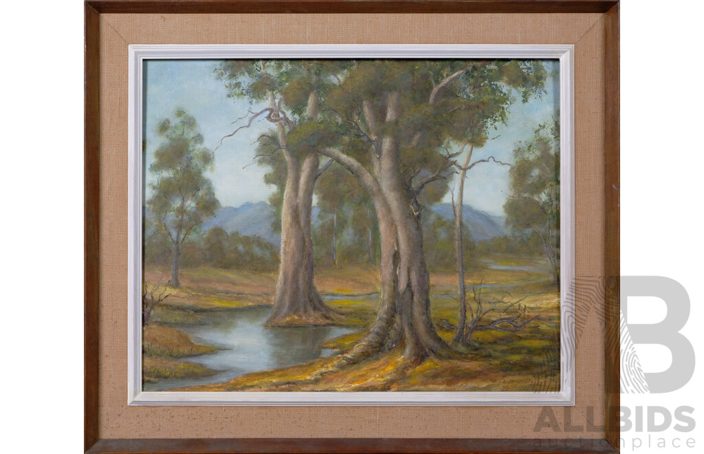 Peter Bardulis (20th Century, Latvian-Australian, 1912-1988),Trees by a River, Oil on Canvas Board