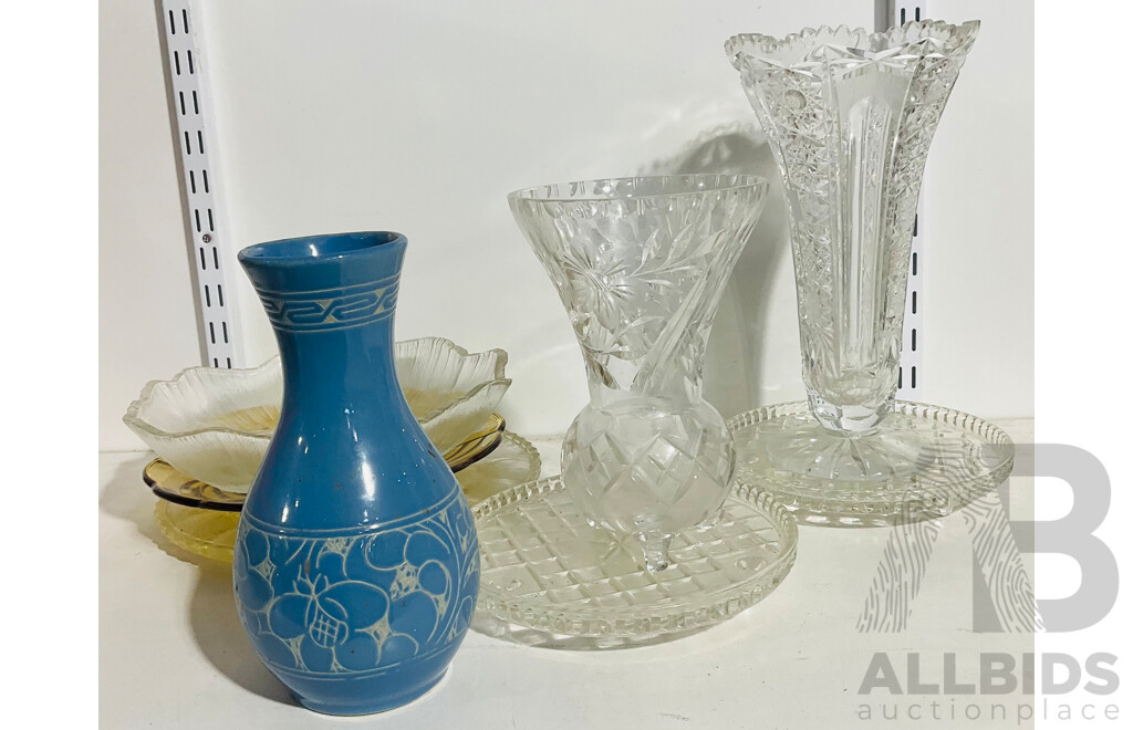 Collection of Vintage Glass Serving Ware Including Platters, Bowls and More