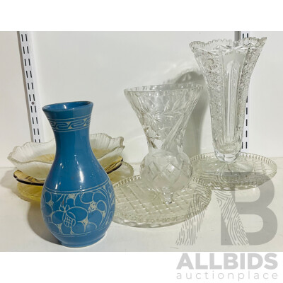 Collection of Vintage Glass Serving Ware Including Platters, Bowls and More