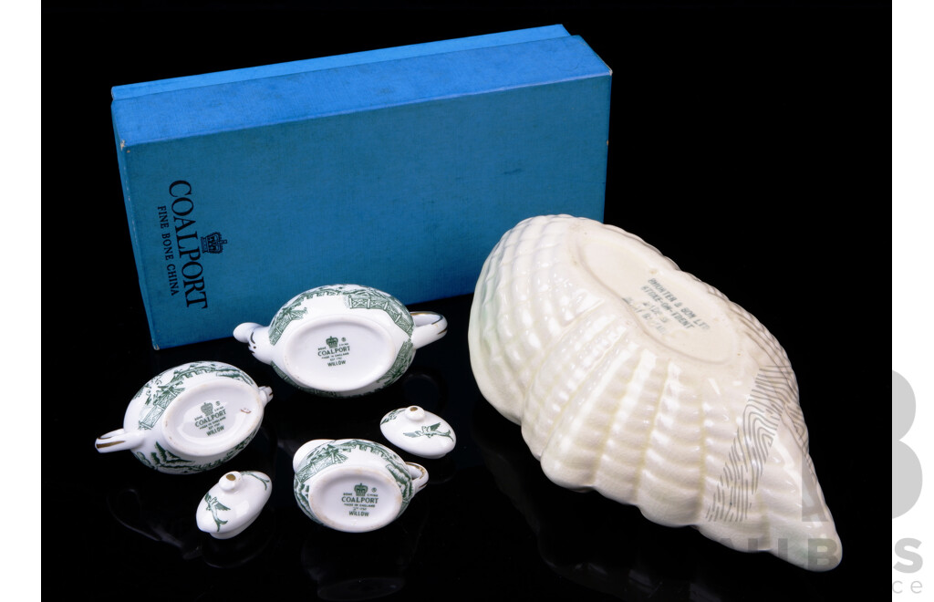 Vintage Coalport Miniature Willow Pattern Tea Set in Green in Original Box Along with Coalport Shell Form Porcelain Dish