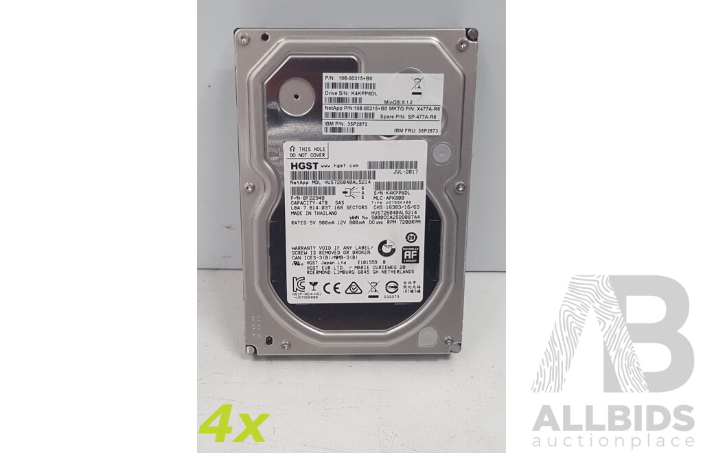 HGST 4TB 7.2K SAS 3.5-Inch Hard Drives - Lot of Four