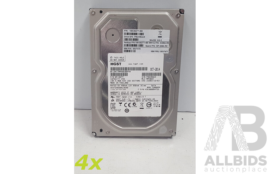 HGST 3TB 7.2K SATA 3.5-Inch Hard Drives - Lot of Four