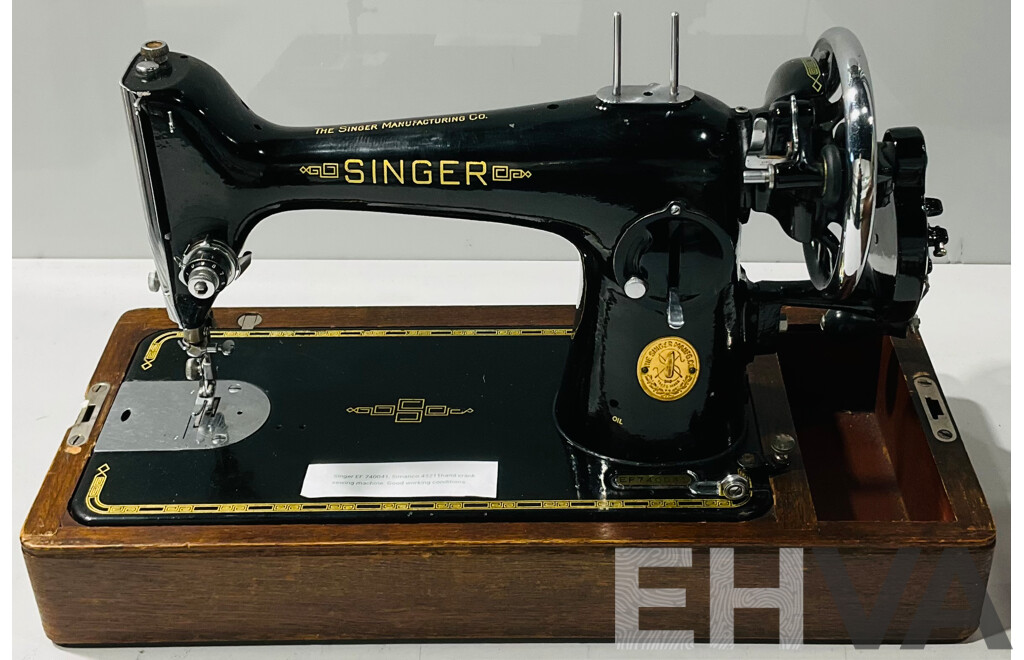 Vintage Singer EF 740041, Simanco 45211 Hand Crank Sewing Machine with Wooden Cover Case and Key