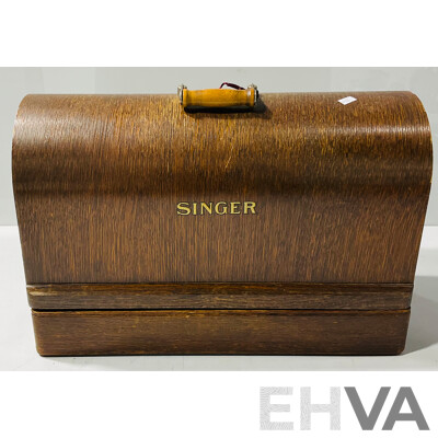 Vintage Singer EF 740041, Simanco 45211 Hand Crank Sewing Machine with Wooden Cover Case and Key