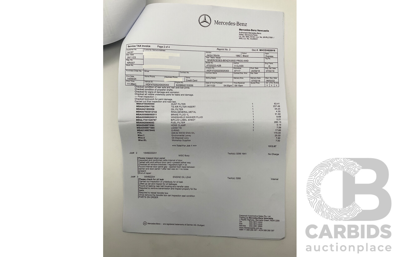 01/2019 Mercedes Benz X350d Power 4Matic (4x4) 470 4d Dual Cab Utility Kabara Black Metallic Turbo Diesel V6 3.0L