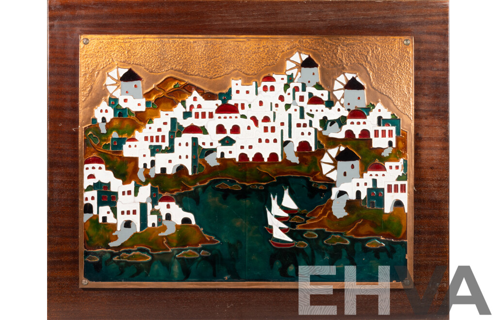 Artist Unknown, Greek Boats in Tranquil Cove, Hand Made and Painted Mid Century Copper Art, 56 x 70 cm