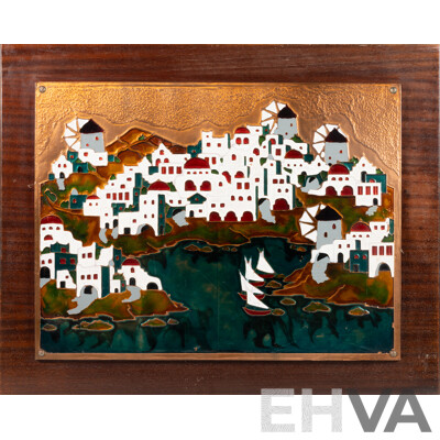 Artist Unknown, Greek Boats in Tranquil Cove, Hand Made and Painted Mid Century Copper Art, 56 x 70 cm