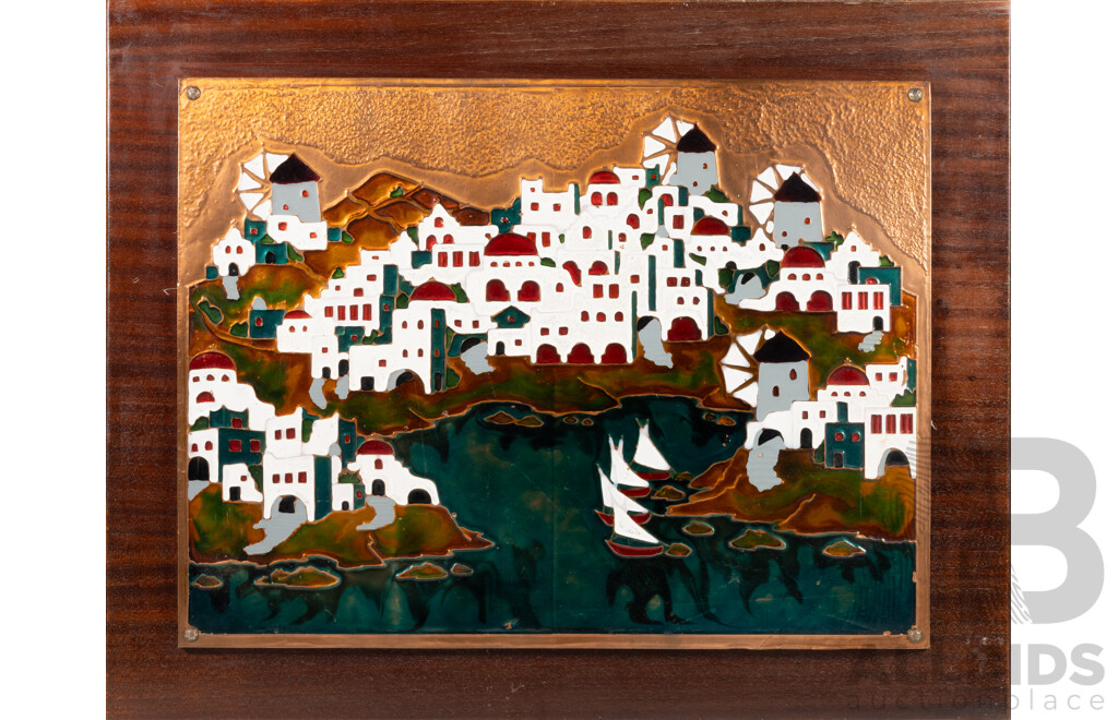 Artist Unknown, Greek Boats in Tranquil Cove, Hand Made and Painted Mid Century Copper Art, 56 x 70 cm