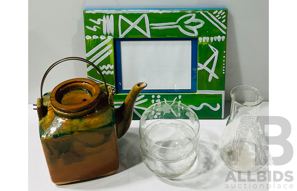 Glazed Pottery Asian Teapot Alongside Decorative Wooden Photo Frame, Two Etched Glass Bowls and a Measuring Beaker