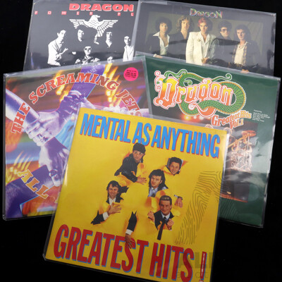 Collection Five  Vinyl LP Records of Australian Interest Comprising Three Dragon Titles Along with Mental as Anything and the Screaming Jets