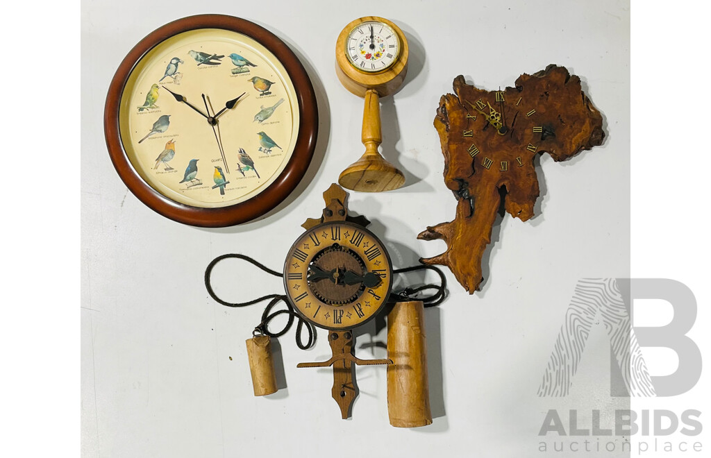 Collection of Interesting Clocks Including Bird Themed Quartz Wall Clock,  Driftwood Styled Quartz Wall Clock and More